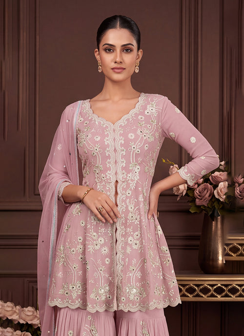 Light Pink Embroidered Georgette Peplum Gharara Suit