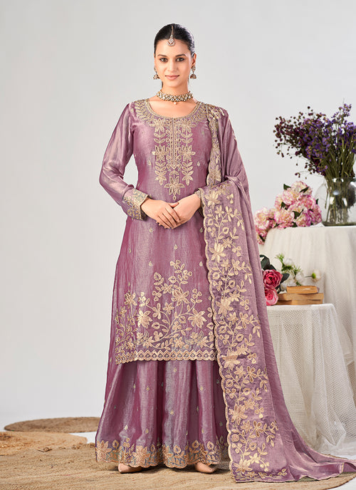 Mauve Purple Gotta Patti Embroidery Silk Gharara Suit