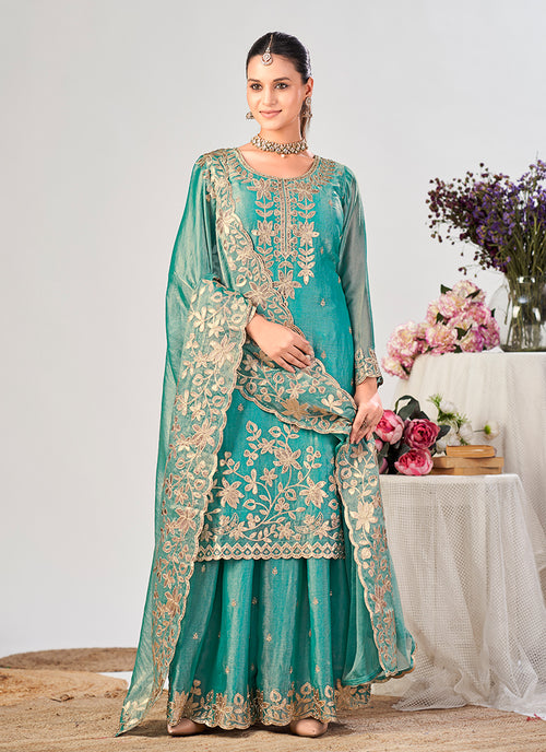 Turquoise Gotta Patti Embroidery Silk Gharara Suit