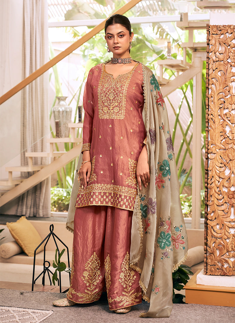 Rust Red Embroidered Silk Gharara Style Suit