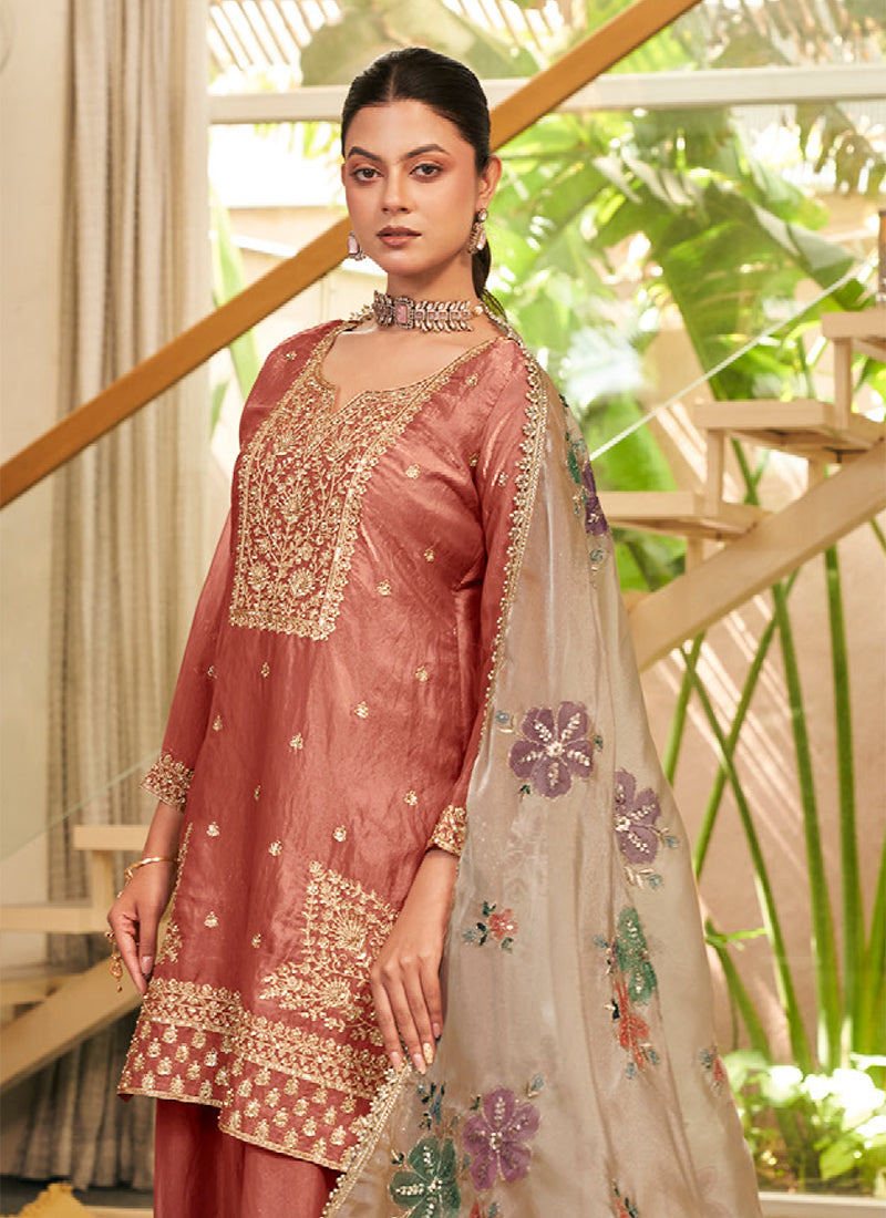 Rust Red Embroidered Silk Gharara Style Suit