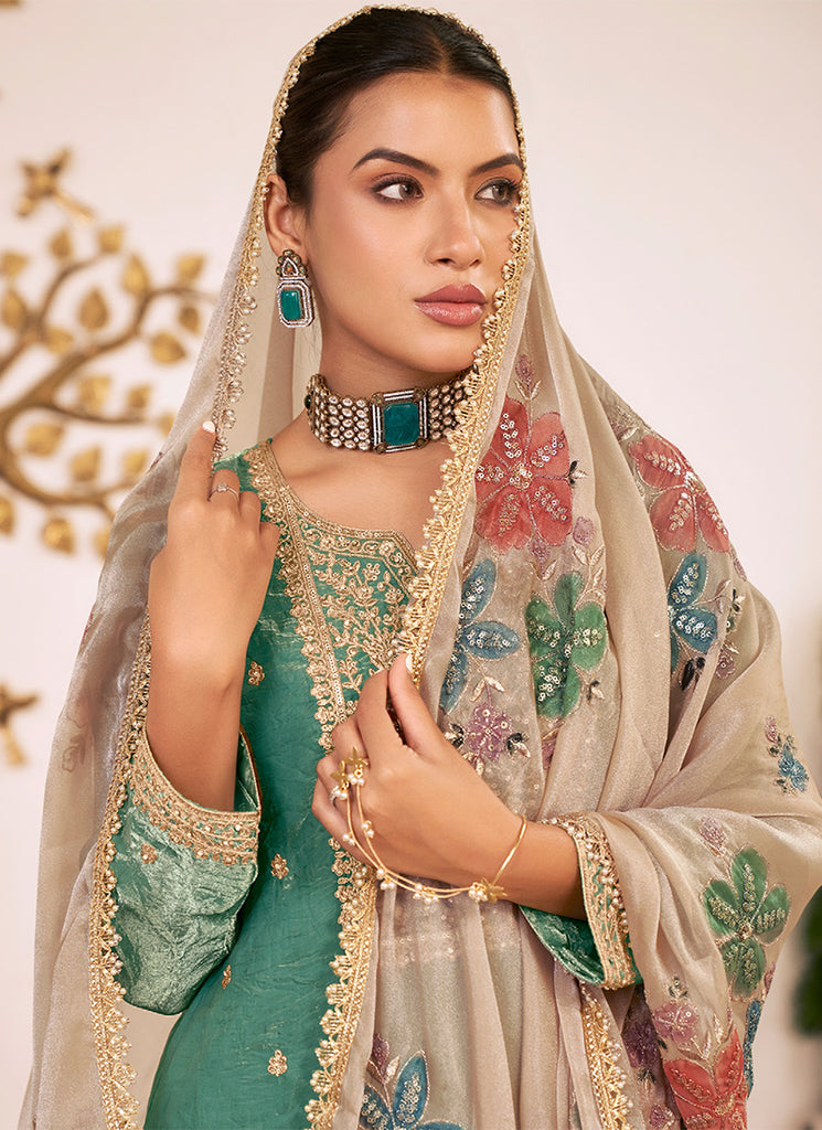 Teal Green Embroidered Silk Gharara Style Suit