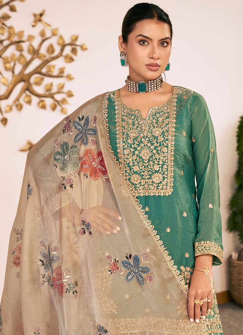 Teal Green Embroidered Silk Gharara Style Suit