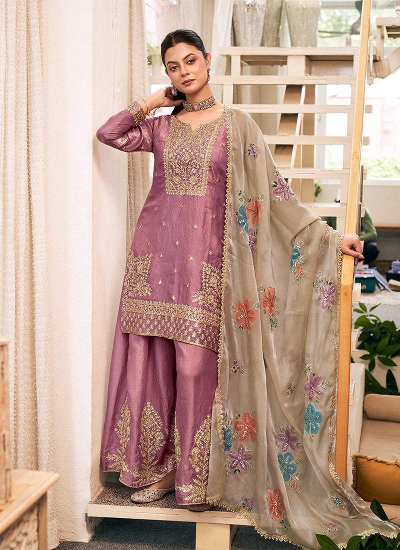 Mauve Purple Embroidered Silk Gharara Style Suit