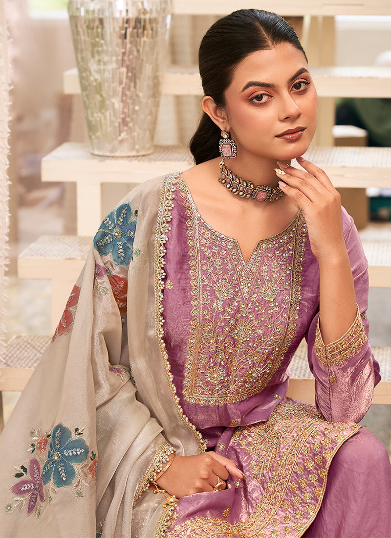 Mauve Purple Embroidered Silk Gharara Style Suit