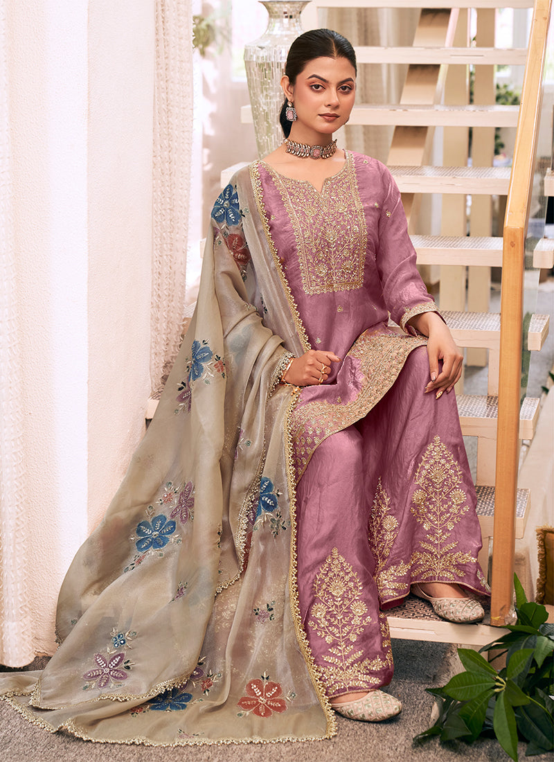 Mauve Purple Embroidered Silk Gharara Style Suit