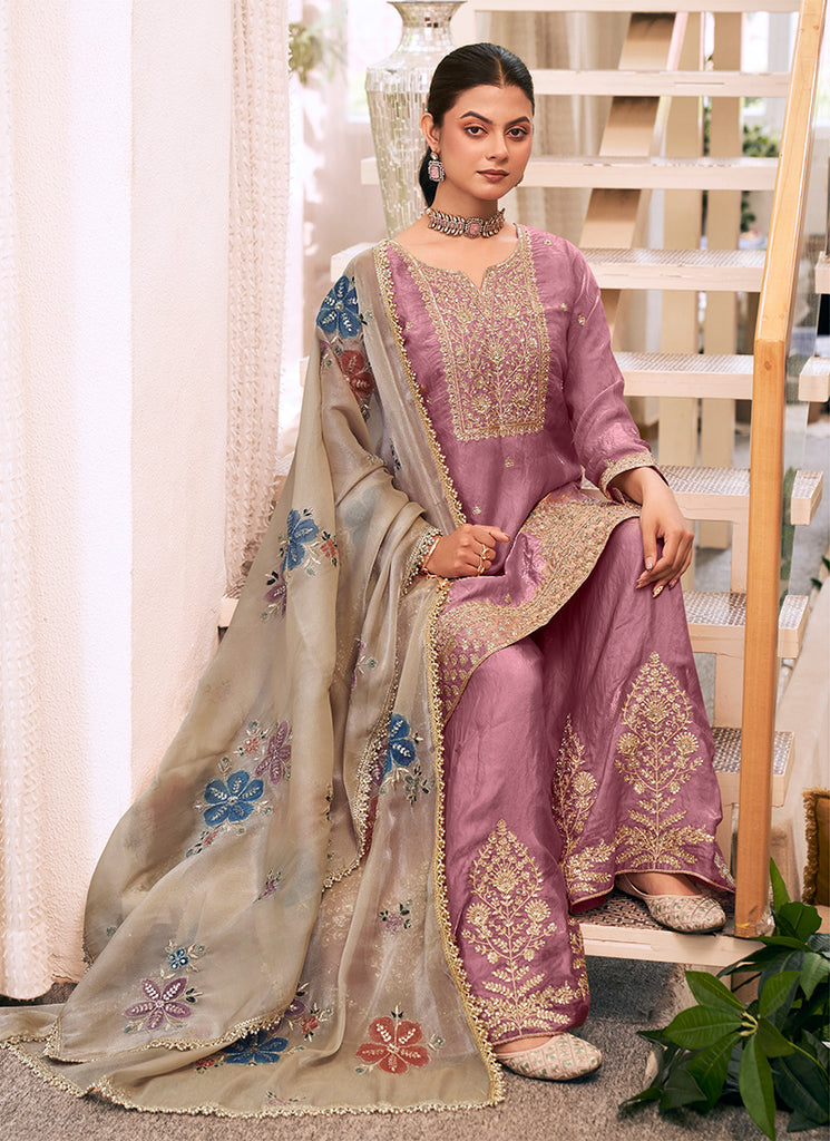 Mauve Purple Embroidered Silk Gharara Style Suit