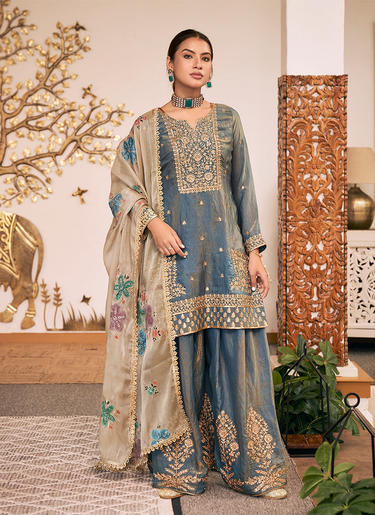 Mystic Blue Embroidered Silk Gharara Style Suit