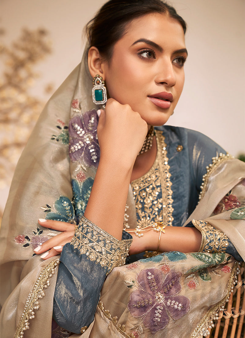 Mystic Blue Embroidered Silk Gharara Style Suit