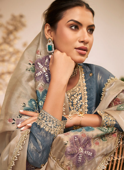 Mystic Blue Embroidered Silk Gharara Style Suit