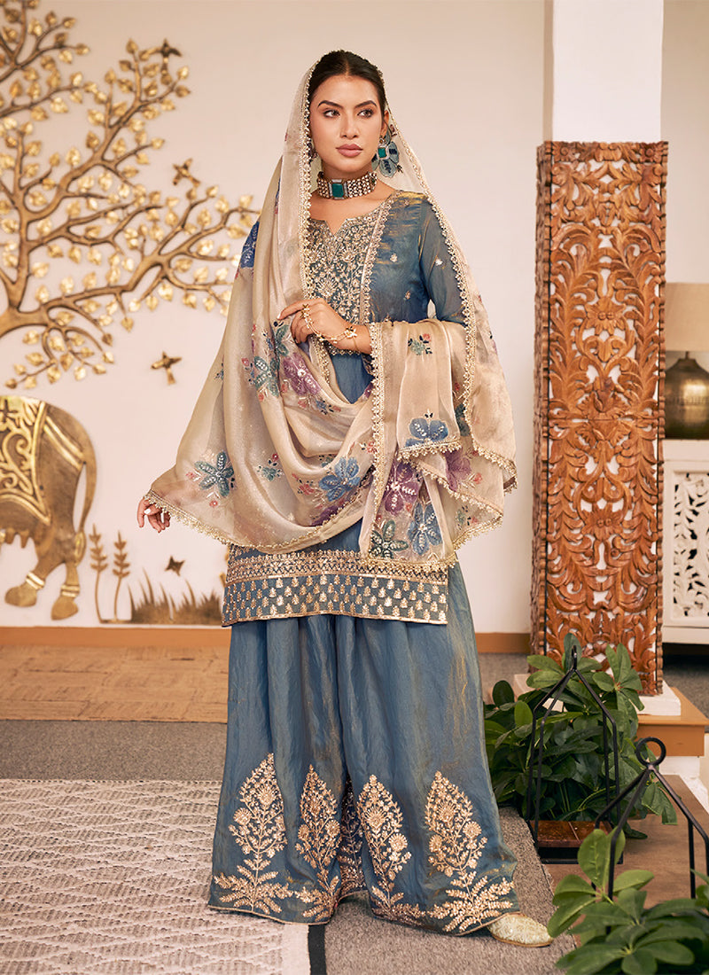 Mystic Blue Embroidered Silk Gharara Style Suit