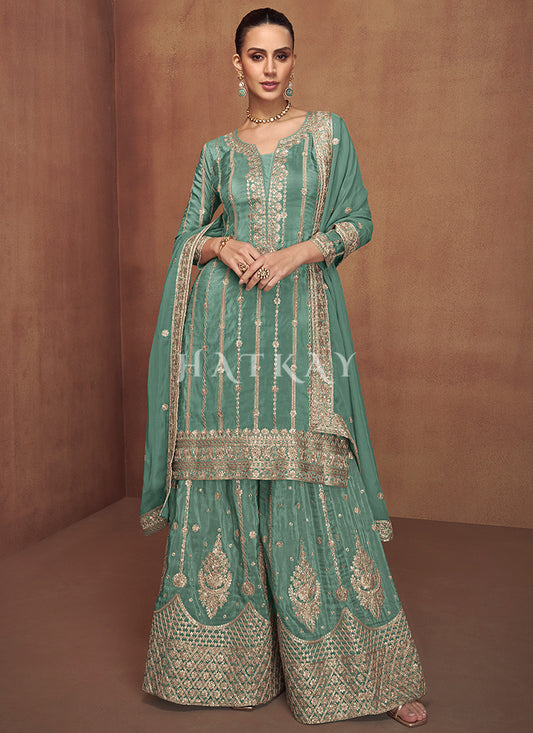Sea Green Party Wear Gharara Suit