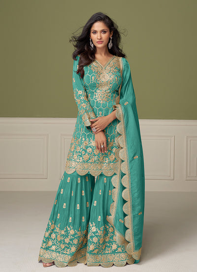Shop Teal Blue Gharara Suit