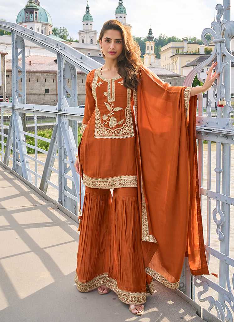 Rust Orange Embroidered Pure Silk Gharara Suit