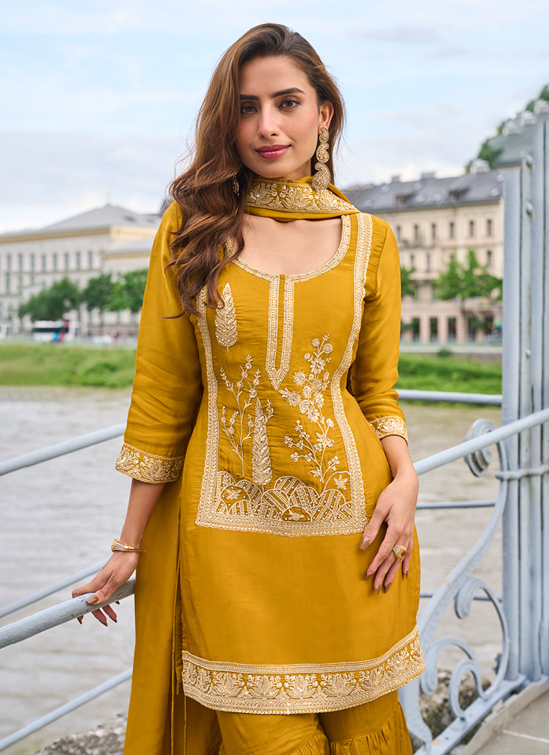 Mustard Yellow Embroidered Pure Silk Gharara Suit