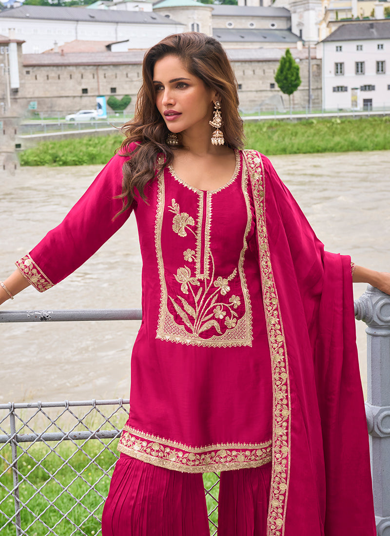 Magenta Pink Embroidered Pure Silk Gharara Suit