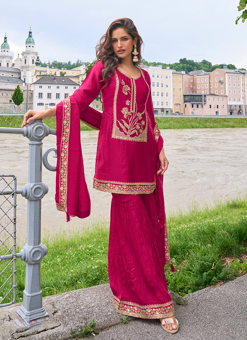 Magenta Pink Embroidered Pure Silk Gharara Suit