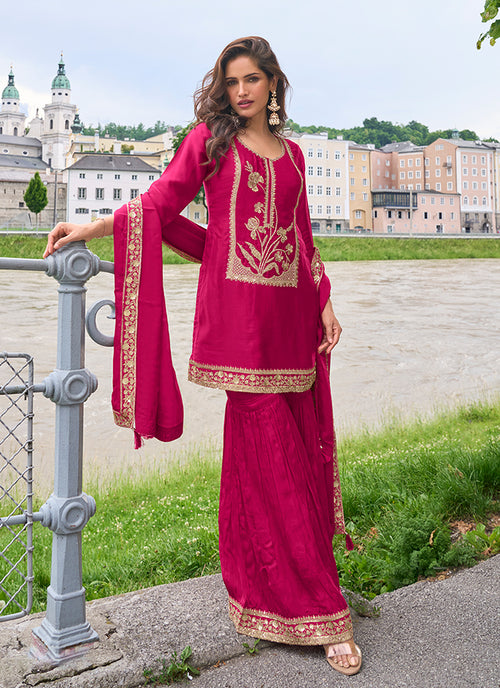 Magenta Pink Embroidered Pure Silk Gharara Suit