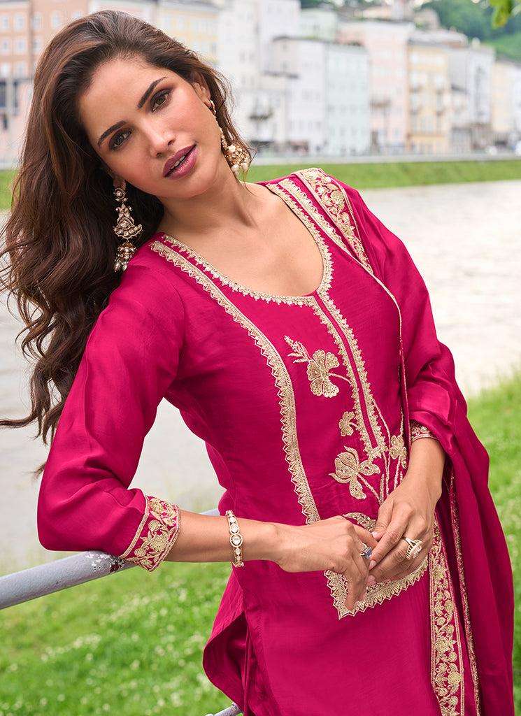 Magenta Pink Embroidered Pure Silk Gharara Suit