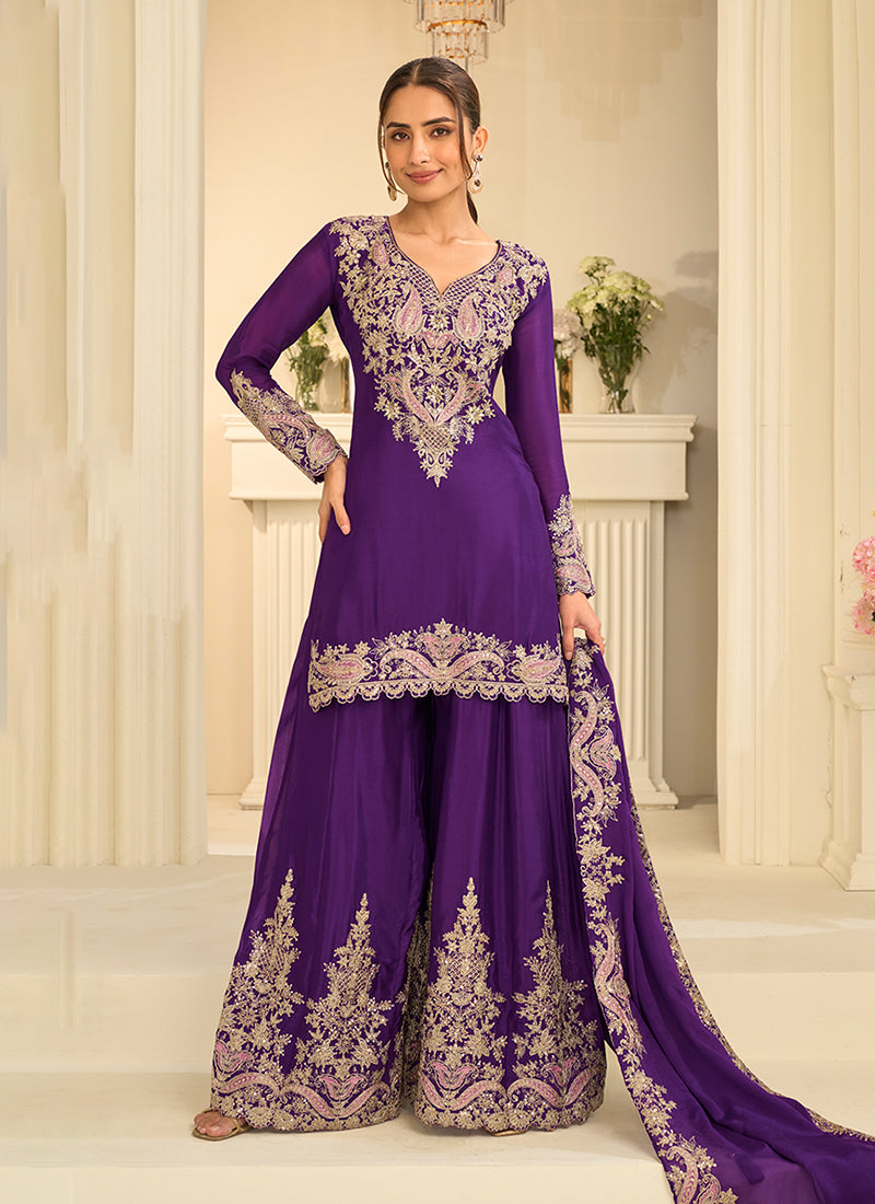 Purple Cording Embroidered Gharara Style Suit