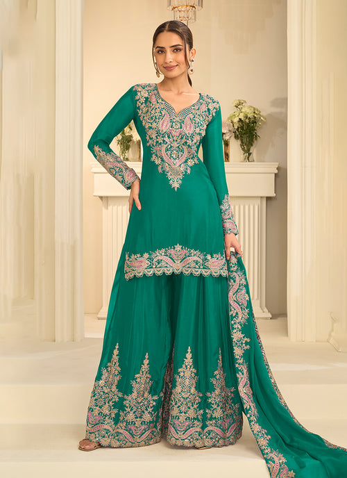 Green Cording Embroidered Gharara Style Suit