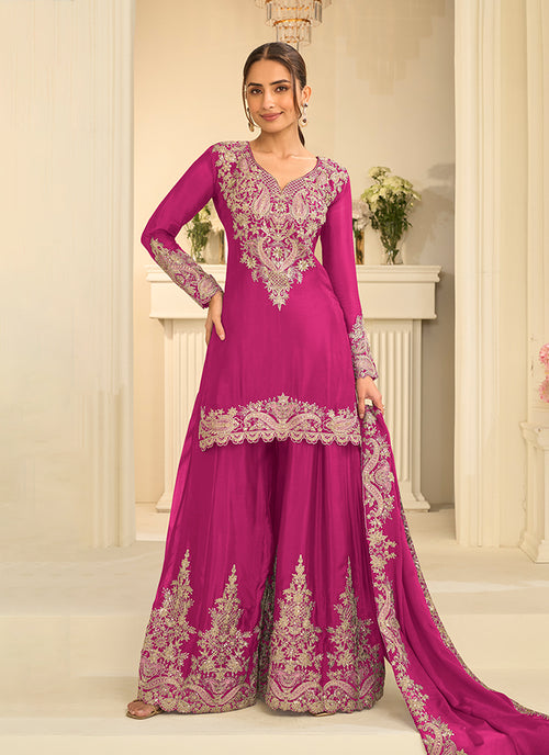 Magenta Cording Embroidered Gharara Style Suit