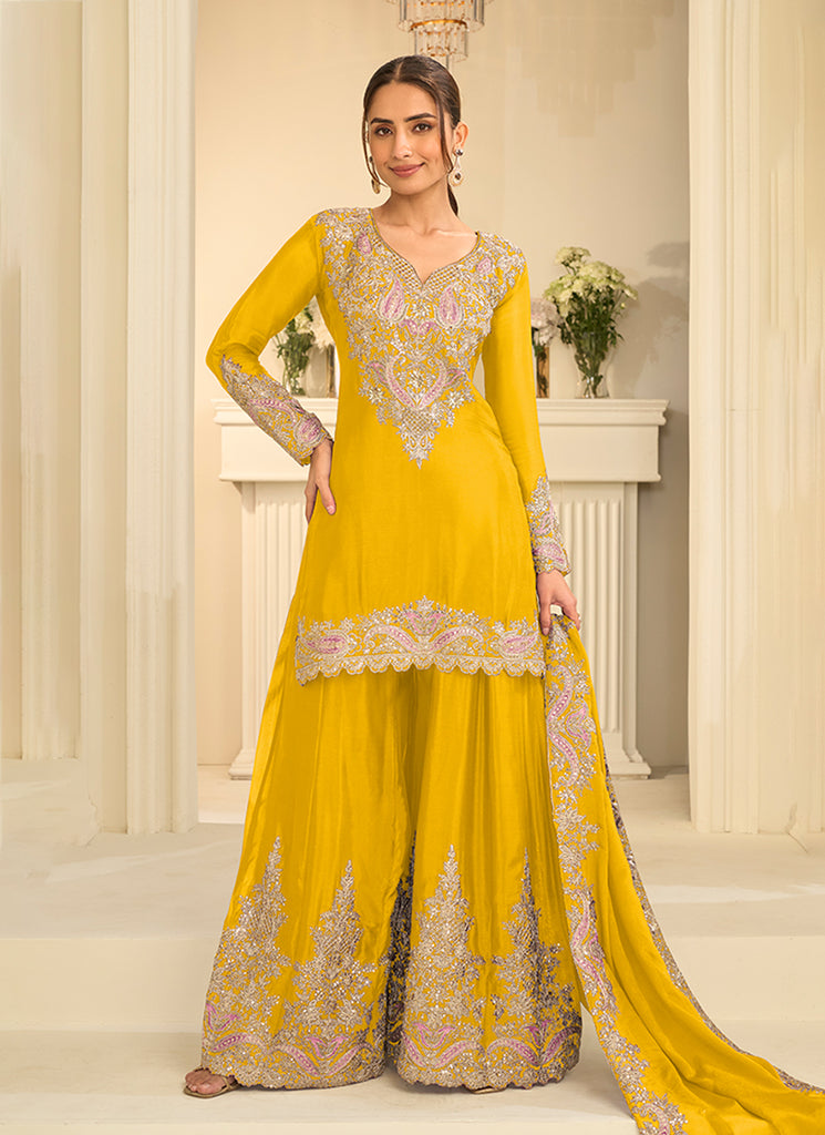 Yellow Cording Embroidered Gharara Style Suit
