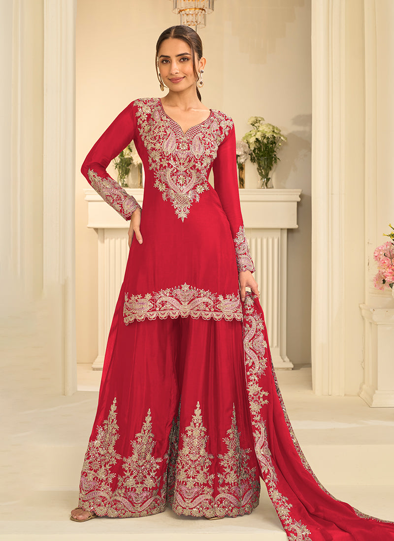 Red Cording Embroidered Gharara Style Suit