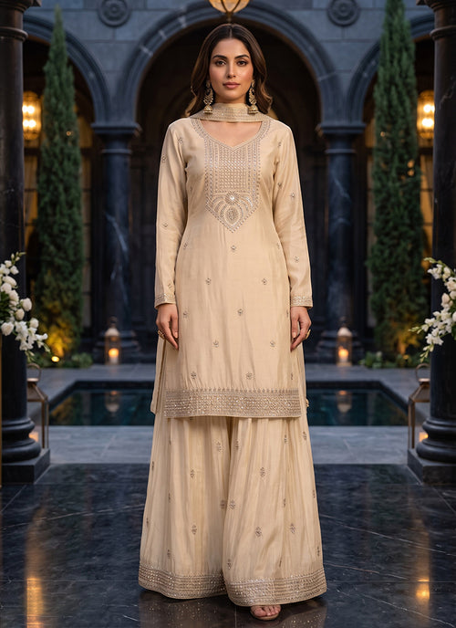 Beige Embroidery Chinnon Silk Gharara Suit