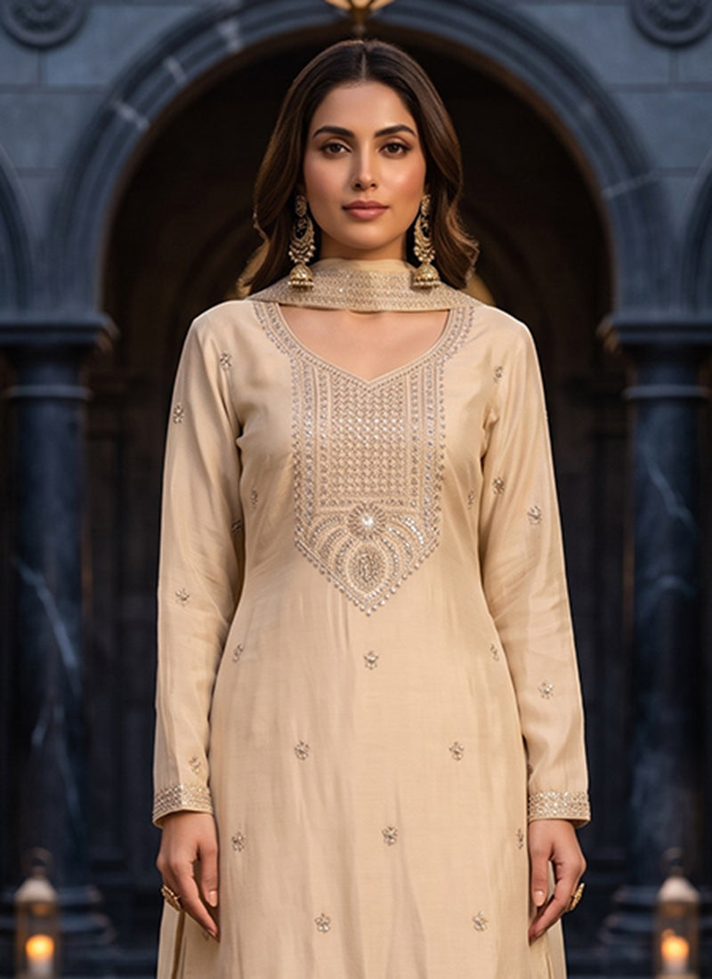 Buy Beige Silk Gharara Suit In USA