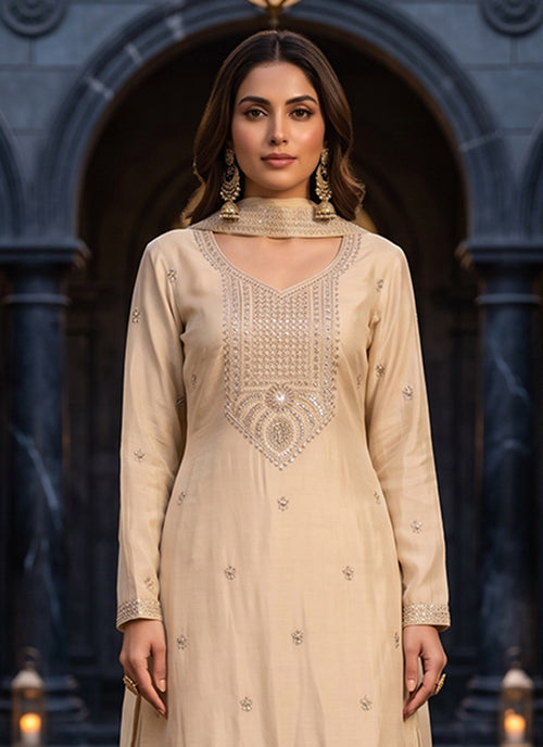 Buy Beige Silk Gharara Suit In USA