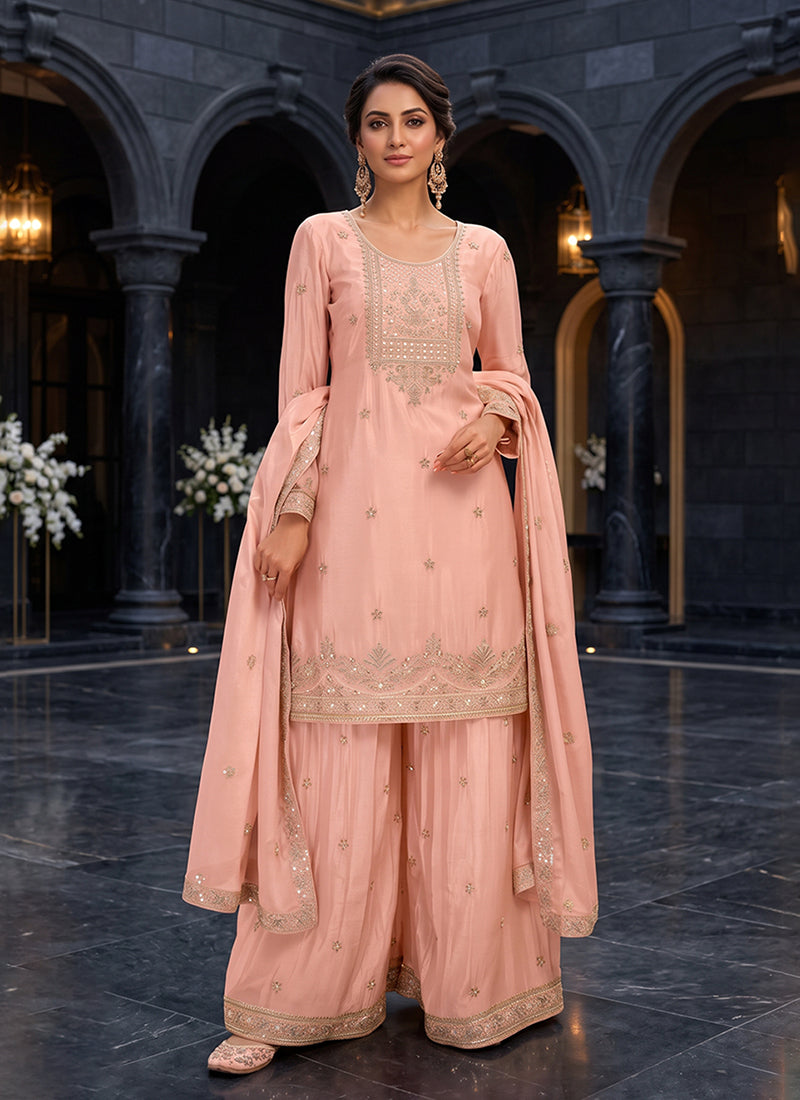 Blush Peach Embroidery Chinnon Silk Gharara Suit
