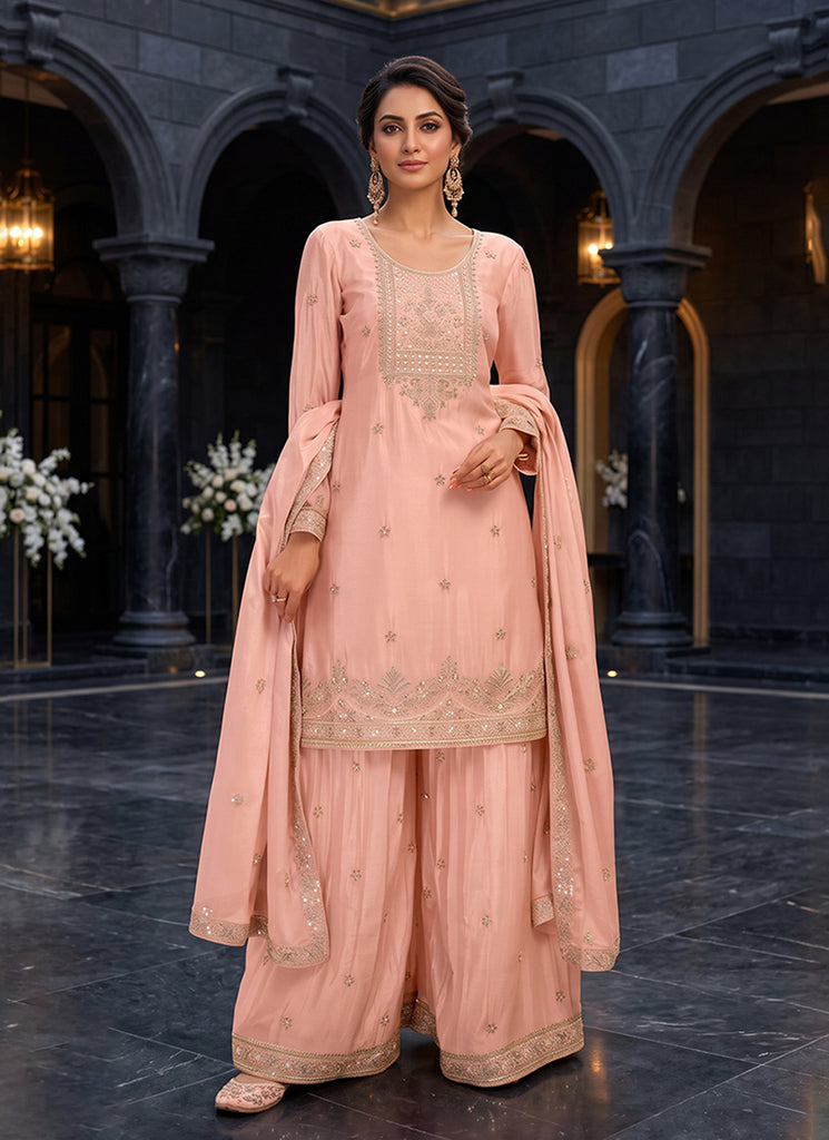 Blush Peach Embroidery Chinnon Silk Gharara Suit