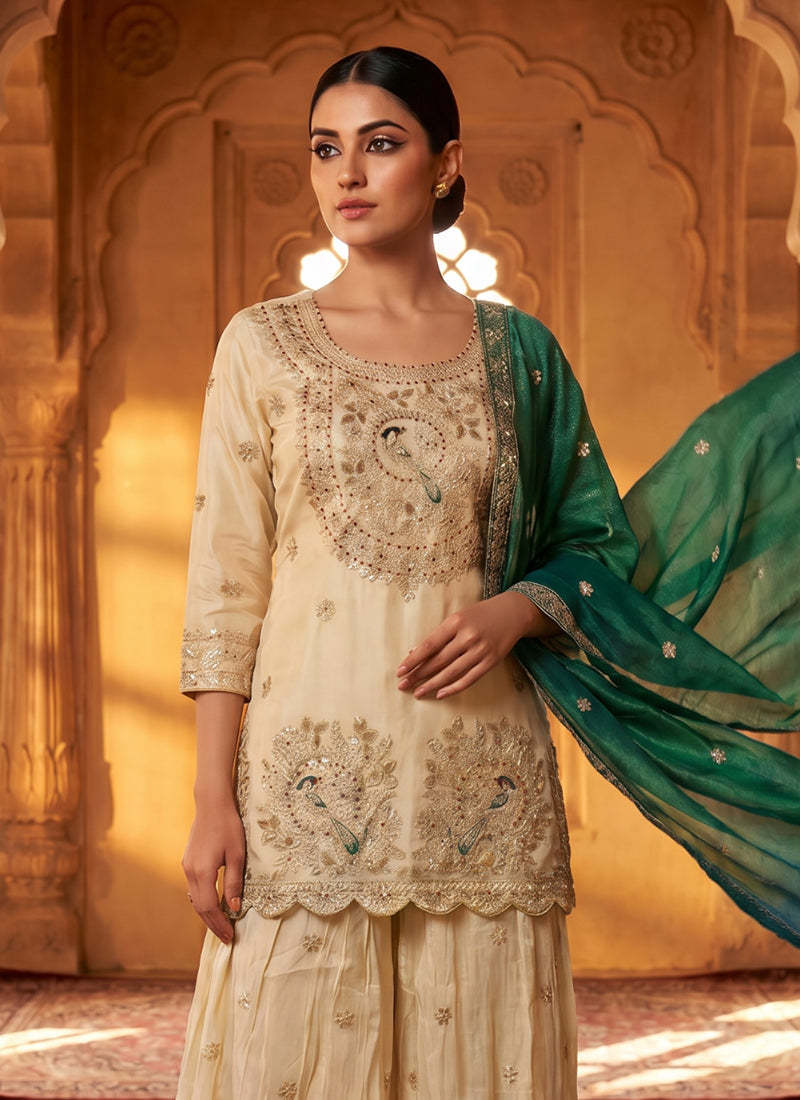 Ivory Teal Zari Zardosi Embroidered Gharara Suit