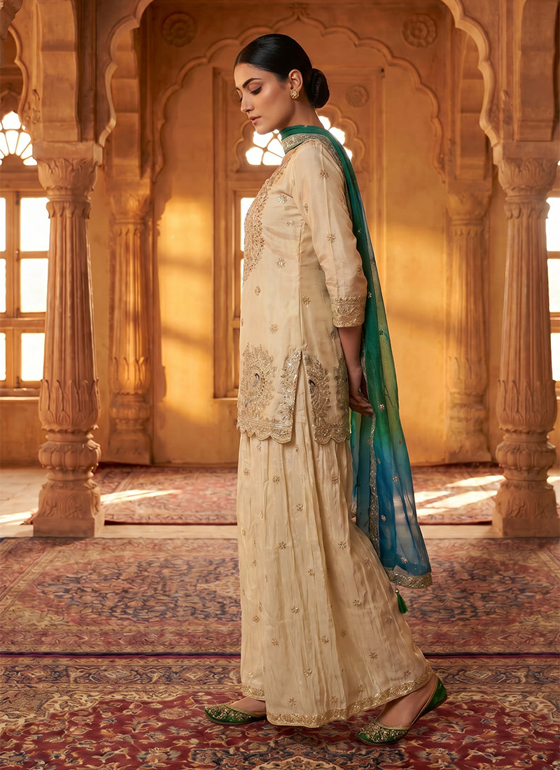 Ivory Teal Zari Zardosi Embroidered Gharara Suit