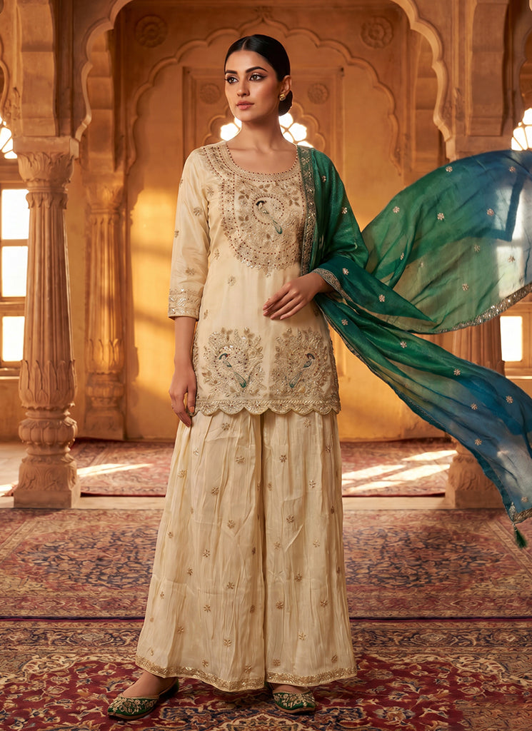 Ivory Teal Zari Zardosi Embroidered Gharara Suit