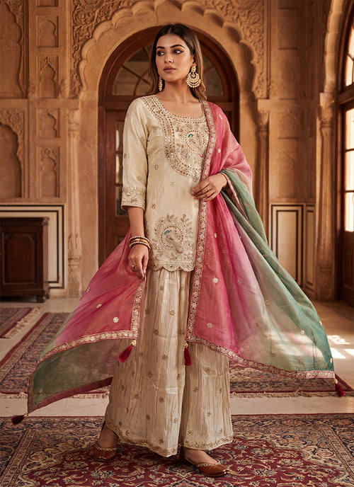 Ivory Zari Zardosi Embroidered Gharara Suit