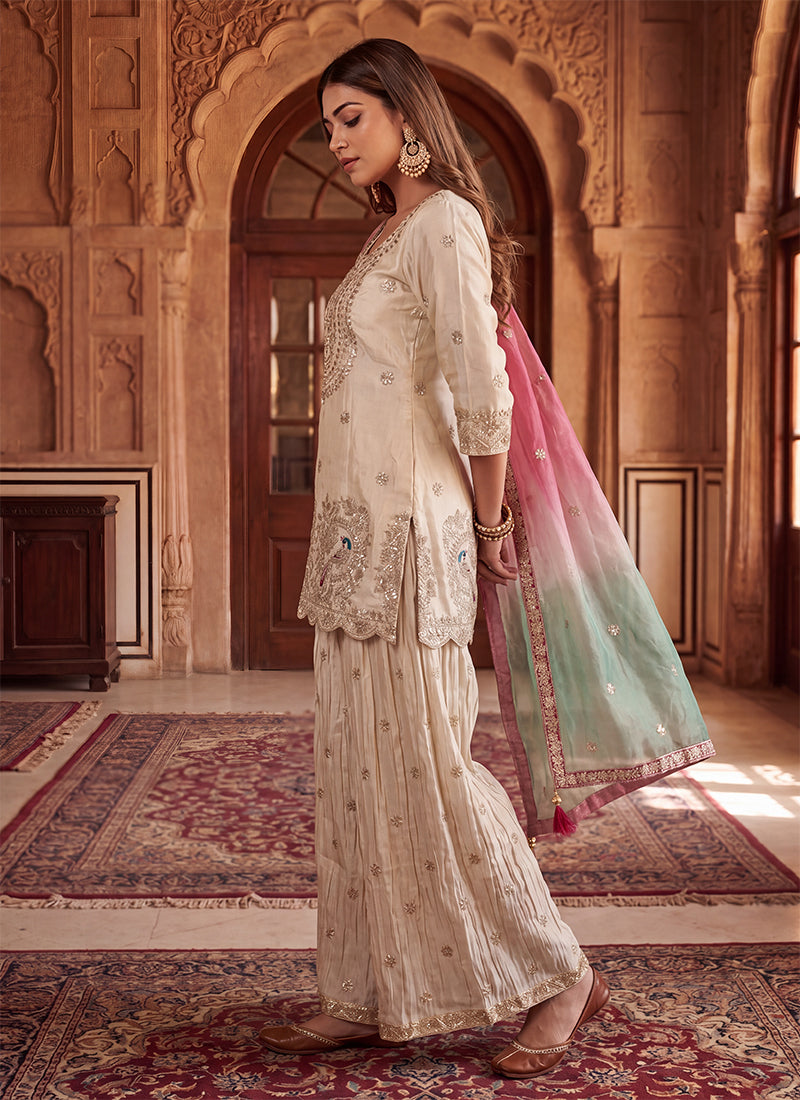 Buy Ivory Zari Embroidered Gharara Suit In USA