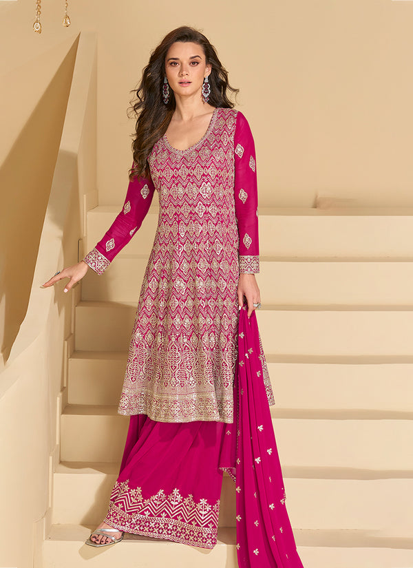 Magenta Embroidery Festive Anarkali Gharara Suit