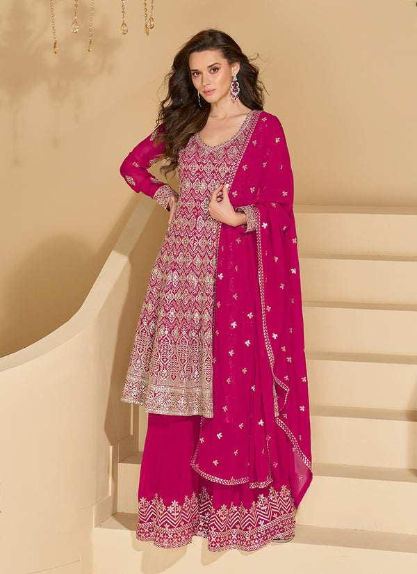 Magenta Embroidery Festive Anarkali Gharara Suit