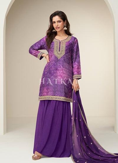 Purple Printed Gharara Suit