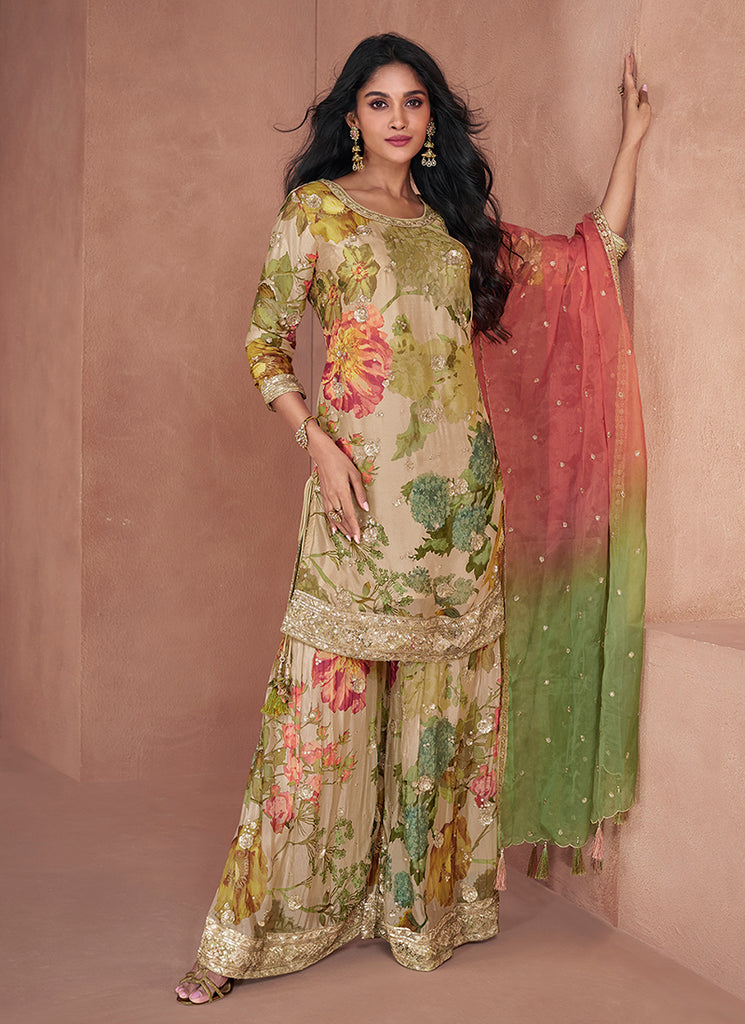 Olive Green Sequence Embroidery Printed Gharara Suit