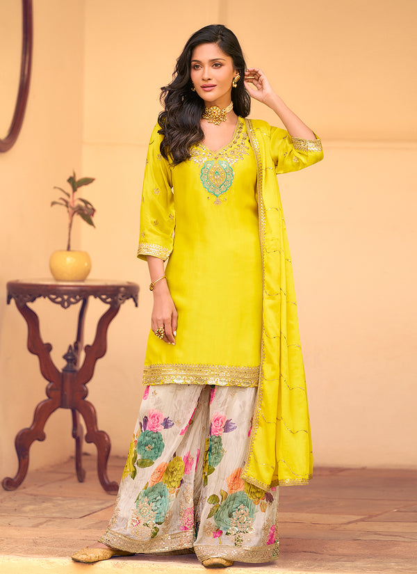 Yellow Embroidered Festive Wear Gharara Suit