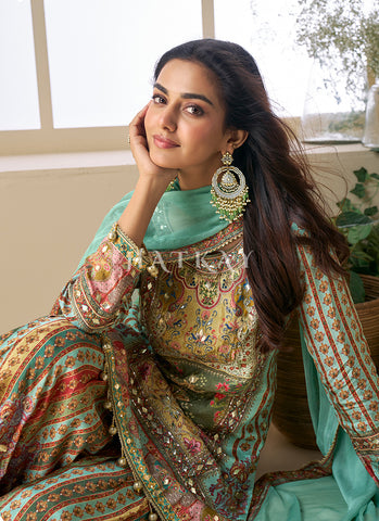 Teal Multicolor Gota Patti Printed Gharara Suit