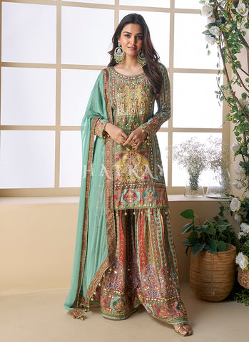 Teal Multicolor Gota Patti Printed Gharara Suit