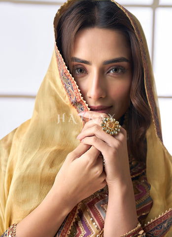 Ochre Yellow Gota Patti Printed Gharara Suit