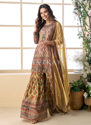 Ochre Yellow Gota Patti Printed Gharara Suit