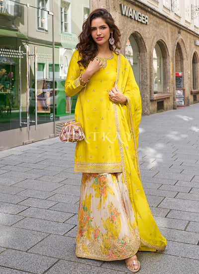 Shop Yellow Embroidered Floral Gharara Suit