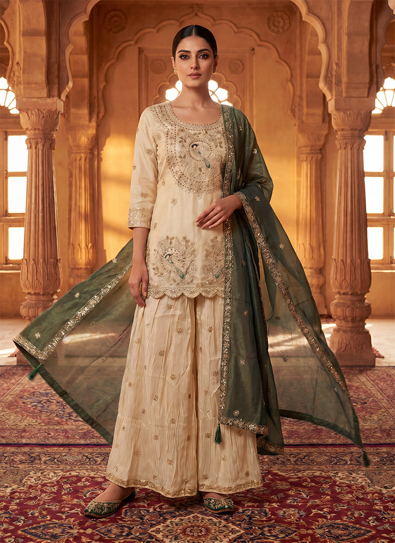 Ivory Olive Zari Zardosi Embroidered Gharara Suit