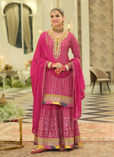 Magenta Embroidered Gharara Suit